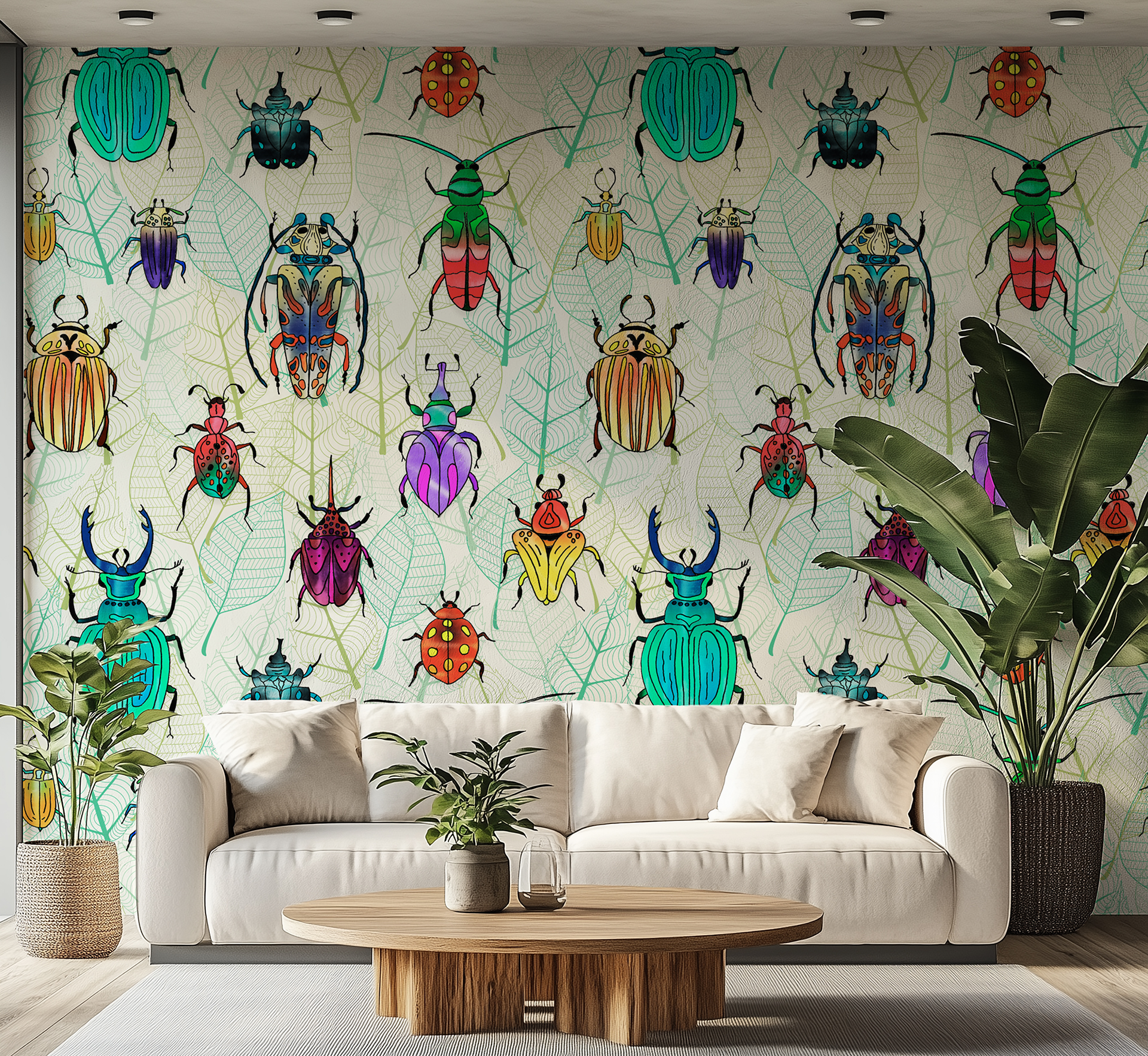 Colorful hand-illustrated beetle wallcovering in a living room