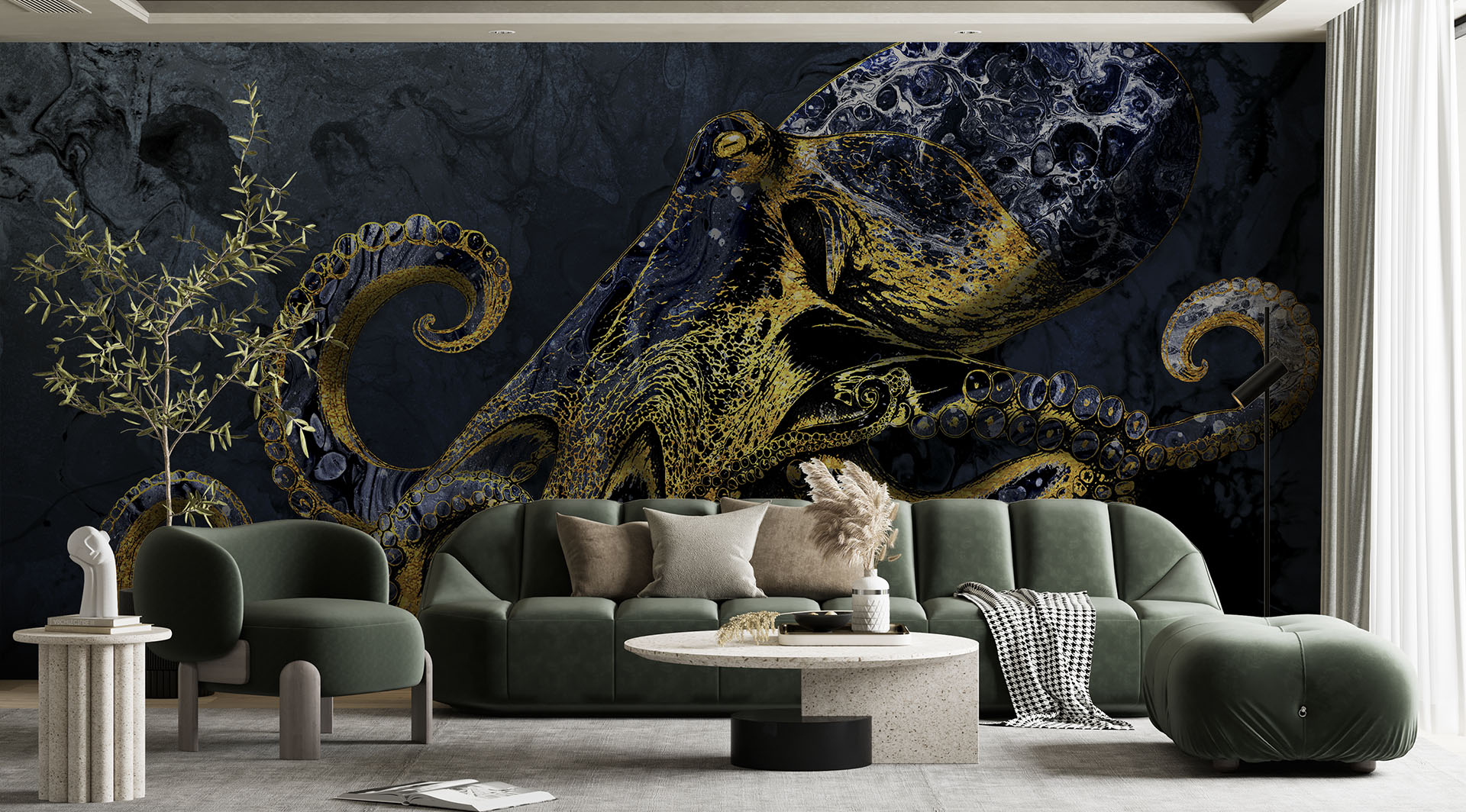 Ocean-inspired mural in an interior